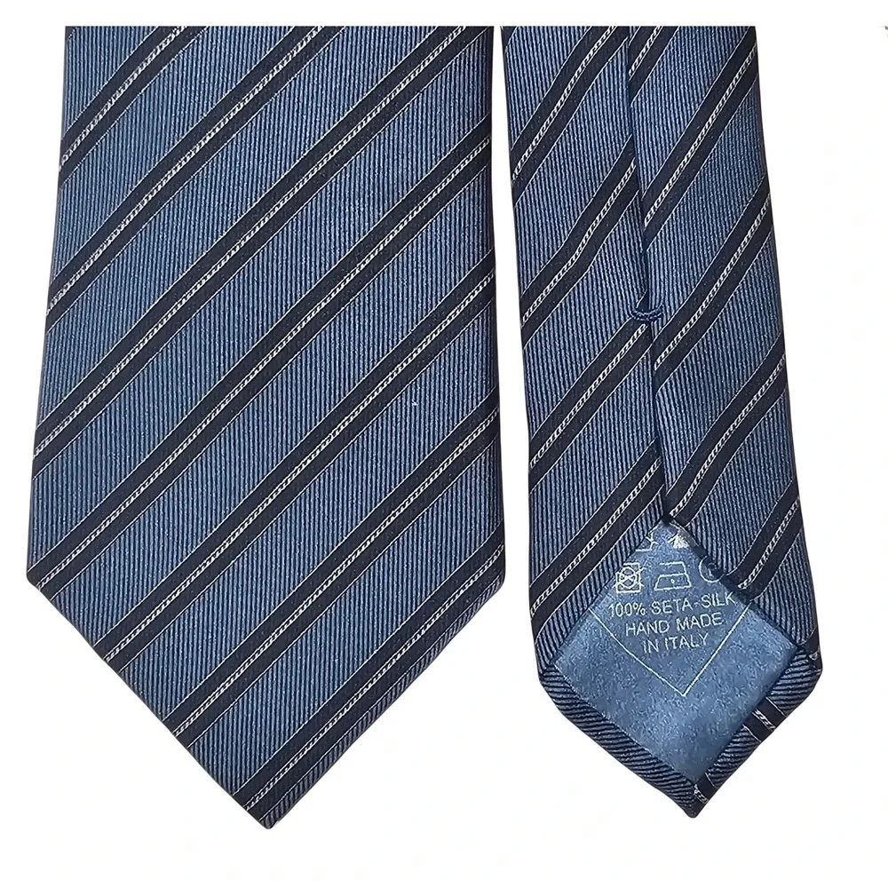 Brioni Blue Black Striped 100% Silk Necktie Hand Made in Italy‎ Classic EUC